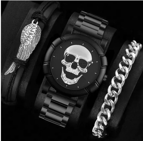 Подарунковий набір Hard Skull Series: 2 браслети та годинник, сріблястий 278428492942 фото